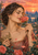 A woman with closed eyes smells a pink rose while holding a jeweled crown, surrounded by roses against a sunset city skyline.