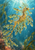 Leafy seadragon with leaf-like appendages swimming upward through turquoise water among kelp and bubbles.
