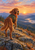 Red-gold, long-eared dog in a green field vest and orange neckerchief looking back from rocky ground above a valley.