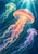 Three coral, pale green, and lilac jellyfish floating in deep teal water beneath descending cyan light rays.