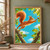 Red squirrel with a raised bushy tail leaps toward a small nut between leafy branches against a turquoise sky.; frame shown for styling only
