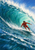 Surfer in a red-orange suit rides a diagonal board through a curling turquoise wave with sweeping white foam.