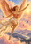 Winged woman in flowing pale clothing rises above a sunlit mountain valley as birds fly nearby.