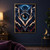 Symmetrical dark moth-like wings frame a large glossy blue eye with a golden crescent reflection and a glowing blue halo.; frame shown for styling only