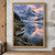Pale canoe partly cropped at a reed-lined lakeshore, facing a mountain reflected in calm dawn water beneath a coral sun.; frame shown for styling only