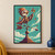 Copper-and-plum clockwork bird holding a pinwheel atop a brass weather vane against a turquoise sky.; frame shown for styling only