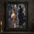 Horned woman in a white dress facing a multi-armed shadow figure amid blue streamers in a ruined vaulted hall.; frame shown for styling only