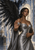Dark-skinned woman with braided hair, black feathered wing, silver-gray gown, dark book, and raised open palm in a luminous arched hall.