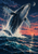 A dark humpback whale breaches from indigo and turquoise waves beneath a crescent moon, with spray, a coral horizon and a tiny sailboat.