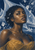 Fantasy portrait of a dark-skinned woman with short curls, pale crystalline flecks, a faceted gold garment, and pale angular forms against a deep blue background.