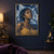 Fantasy portrait of a dark-skinned woman with short curls, pale crystalline flecks, a faceted gold garment, and pale angular forms against a deep blue background.; frame shown for styling only