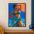 An adult Black woman in a teal wrap outfit stretches with one arm bent overhead against a cobalt and coral background beside blue water.; frame shown for styling only