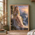 Blonde woman in a pale flowing gown sits on a flower-covered stone ledge beside a white cat, overlooking waterfalls and a distant spired city at sunset.; frame shown for styling only