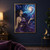Dark-haired woman in purple exhaling a blue-white stream toward a luminous spiral galaxy amid stars and nebulae.; frame shown for styling only