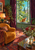 Small ginger cat sitting alertly on an open window sill, framed by plum curtains in a colorful sitting room.
