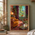 Small ginger cat sitting alertly on an open window sill, framed by plum curtains in a colorful sitting room.; frame shown for styling only