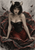 Front-facing horned woman in a black corset and deep-red draped skirt among layered dark forms edged in red.