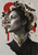 Monochrome woman in left-facing profile with a green sprout brooch, surrounded by gears, a moth-like shape, leaves, a white flower, and red arcs.