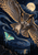 Horned owl swooping toward a glowing turquoise moth beneath a moon, with stars, curling clouds, mountains, and dark trees.