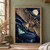 Horned owl swooping toward a glowing turquoise moth beneath a moon, with stars, curling clouds, mountains, and dark trees.; frame shown for styling only