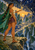 Dark-haired woman in a green cape beside a vast starry blue bird above a waterfall-lined city and cliffs.
