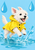 Fluffy white terrier in a bright yellow raincoat leaping above an aqua puddle, with water splashes and large blue raindrop motifs.