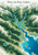 Decorative watershed map showing snowy mountain peaks, forests, branching turquoise rivers, coral-accented wetlands, and a large blue lake below the title Where the Water Gathers.