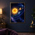 Luminous golden sun and four differently colored planets on fine diagonal orbital paths against a star-filled midnight-blue background.; frame shown for styling only
