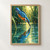 Blue-and-orange kingfisher diving bill-first toward its reflection in a jade pool, framed by dark green reeds.; frame shown for styling only