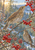Two brown, spotted thrush-like birds among red berries on bare branches, with the upper bird reaching toward a berry and the lower bird watching.