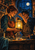 Two adult craftspeople hold a glowing amber lantern at a workshop bench beneath an arched night window.