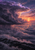 Violet-edged storm clouds curl toward a rose-gold sunset above a dark mountain ridge.