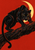 Black panther with golden eyes crouching on a diagonal branch against a vermilion background with a pale yellow crescent.