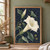 Large ivory trumpet-shaped flower with curling silver-green leaves, a closed bud, and spiky seed pods against a patterned indigo background.; frame shown for styling only