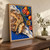 Overhead still life of rustic bread, blood oranges, honey, rosemary and blue-striped linen with the title Sunday Market Table.; frame shown for styling only