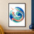 Layered blue, green, and coral arcs form a swirling abstract current with black marks and three coral dots drifting toward the upper left.; frame shown for styling only