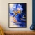 A large blue iris with a yellow-orange center dissolves into horizontal cobalt, violet, and orange paint streaks against indigo.; frame shown for styling only