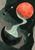 Portrait abstract artwork with a coral-red sphere, pale aqua flowing ribbon, dark crescent basin, small satellite spheres and fine orbital arcs.