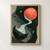 Portrait abstract artwork with a coral-red sphere, pale aqua flowing ribbon, dark crescent basin, small satellite spheres and fine orbital arcs.; frame shown for styling only