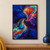 Abstract liquid-pigment swirl with a central whirlpool and bright multicolour fan against blue and plum areas.; frame shown for styling only