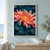 Abstract coral-colored flower with flowing petals and a golden center over dark teal water with ripples and stones.; frame shown for styling only