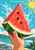 A hand holds a large red watermelon wedge with three seeds and a juice droplet as water splashes over a sunny beach background.