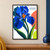 Large cobalt-blue iris with an orange center, green leaves, dark teal backing shape, coral and lime accents, and “CHOOSE WONDER” lettering.; frame shown for styling only