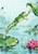Green frog leaping diagonally from a lily pad toward a curled leaf, with trailing droplets, pale aqua ripples and a pink water lily.