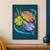 Three overlapping coral, citron, and lavender lily pads each hold a glossy blue raindrop, surrounded by ripples and reeds on deep teal.; frame shown for styling only