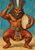 Lion-faced Bes wears a tall multicolored feather headdress and red skirt, raising one hand while holding a frame drum against turquoise.
