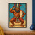 Lion-faced Bes wears a tall multicolored feather headdress and red skirt, raising one hand while holding a frame drum against turquoise.; frame shown for styling only