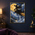 Black-clad witch flies on a broom across a large golden full moon above clouds and a lit castle town.; frame shown for styling only
