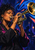 A woman with closed eyes plays a brass trumpet against cobalt sound trails and coral slashes on a dark blue-violet background.