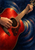 Diagonal red acoustic guitar with two playing hands, gold details, and curved luminous arcs against a dark indigo background.